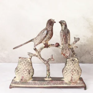 Antique Brass Bird Pair Sitting On Branch With Two Owls